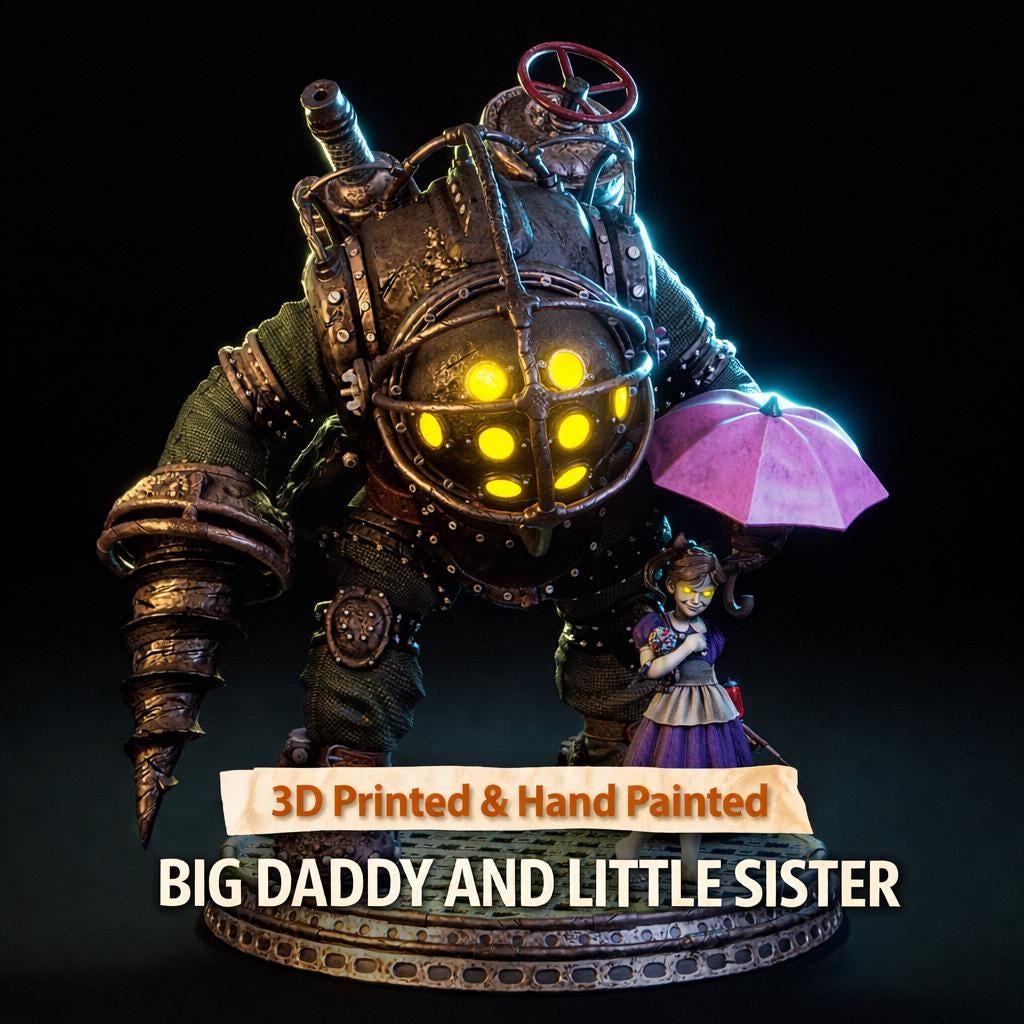 Big Daddy and Little Sister Diorama 3D Printed | Gift For Gamer | Resin Figure | Hand Painted __etsy:7952706801