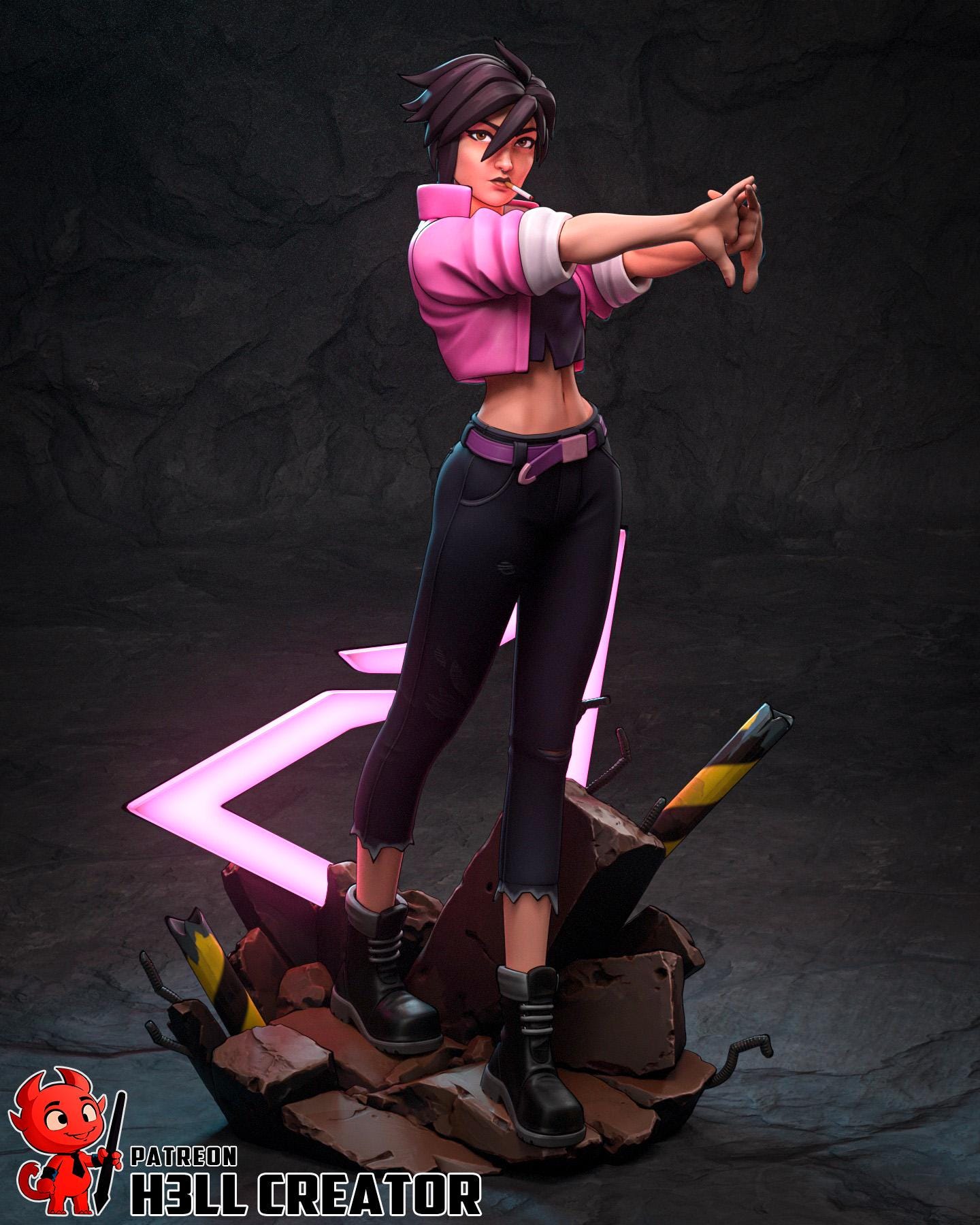 May include: A 3D-printed figurine of a woman in a pink jacket, black pants, and boots, striking a pose. The figure stands on a pile of rubble with a neon pink geometric shape behind her. The text "PATREON H3LL CREATOR" is visible. __etsy:7769345948